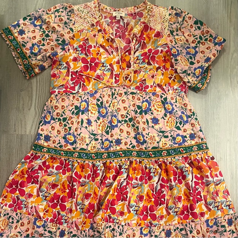 UMGEE Boho Floral Patchwork Dress Size S Smocked Tie Neck - Picture 5 of 7